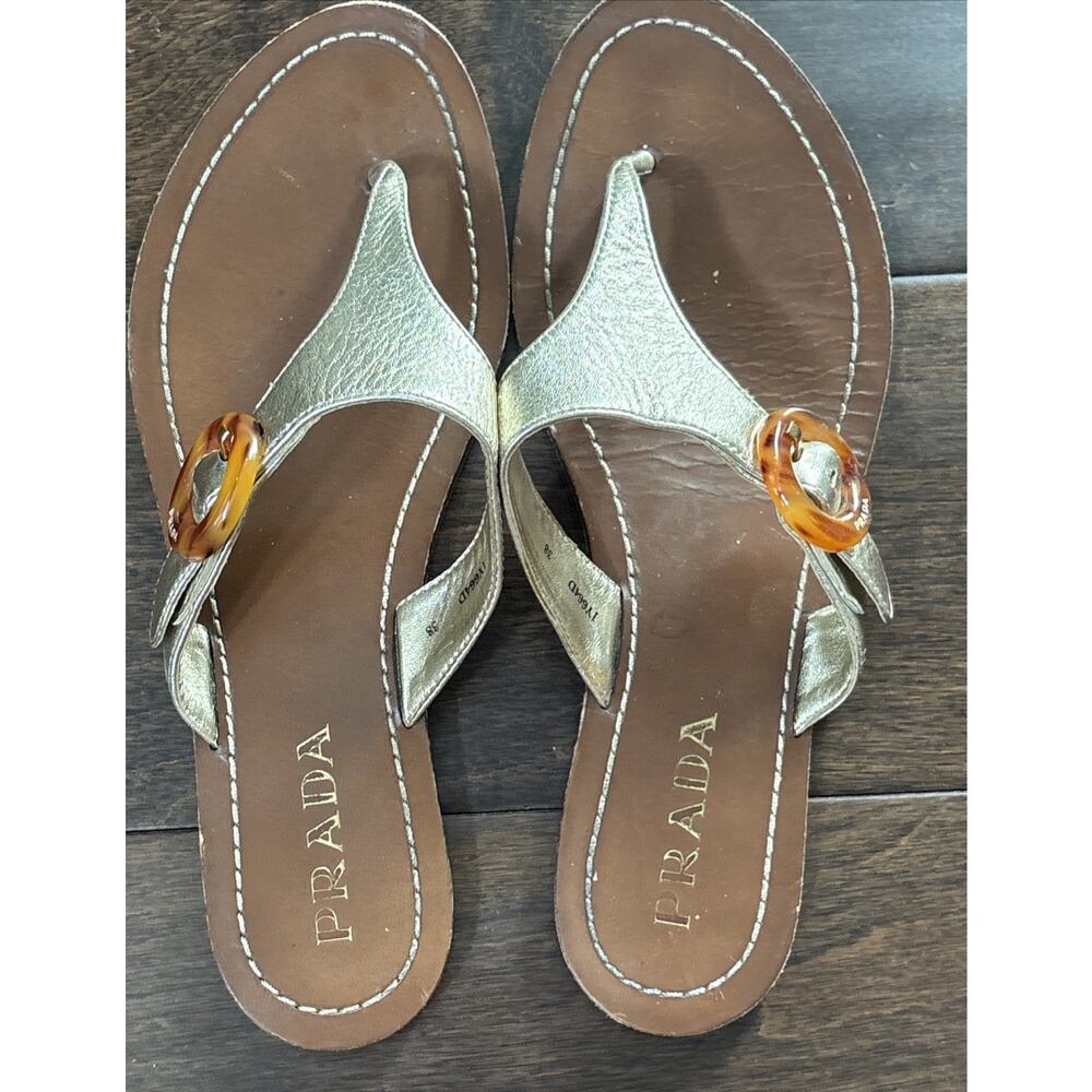 Prada Gold Leather Thong Sandals Women’s Size 38 Logo Buckle - Picture 6 of 8